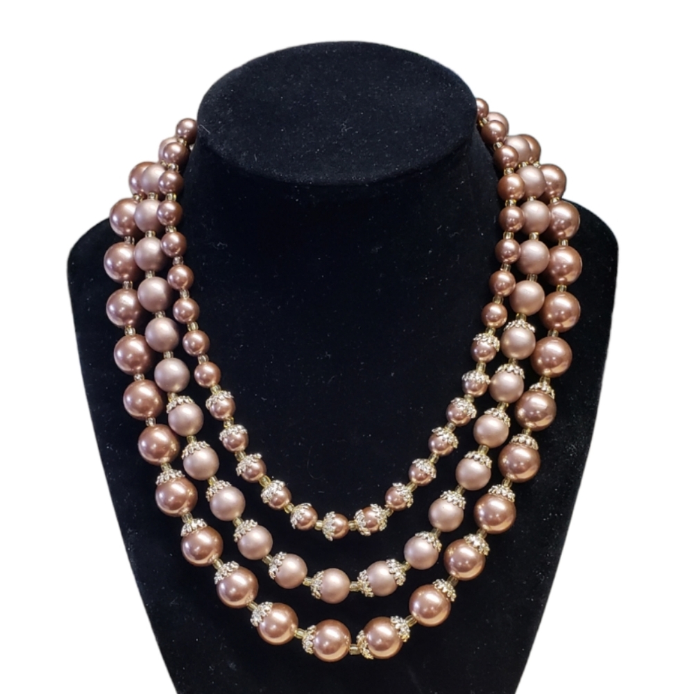 Three layered 1950s beaded necklace. Made in Japan. Brown and gold. #71